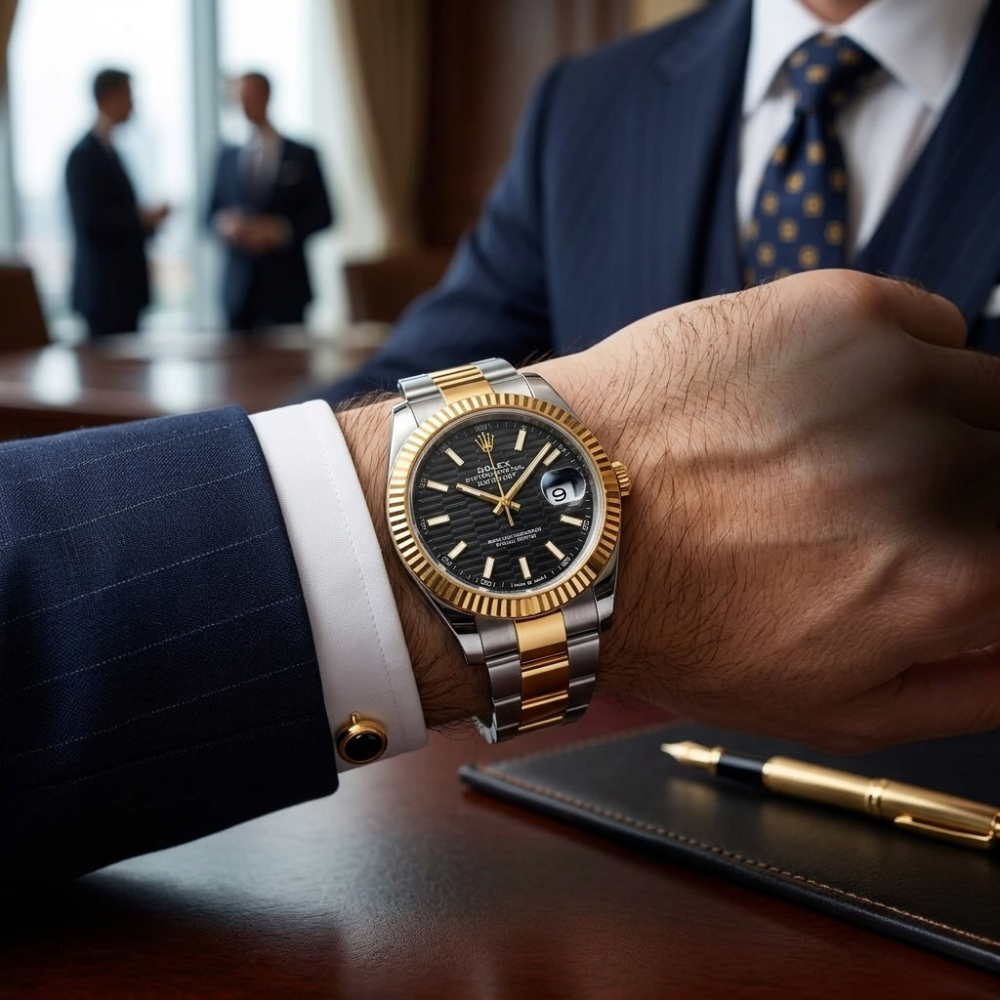 RLX Gold & Silver Stainless Steel Men’s Watch – Black Dial