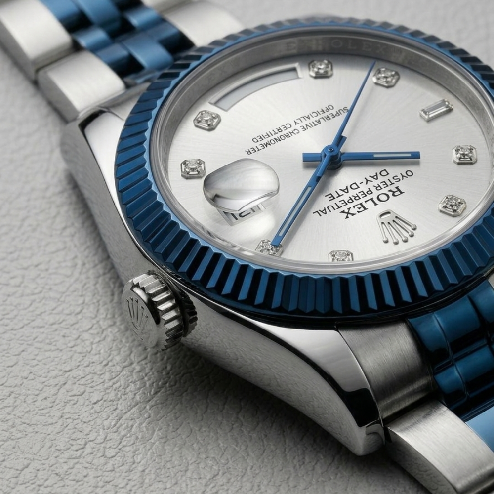 Rolex Day-Date Custom Edition – Silver Dial Blue Bezel