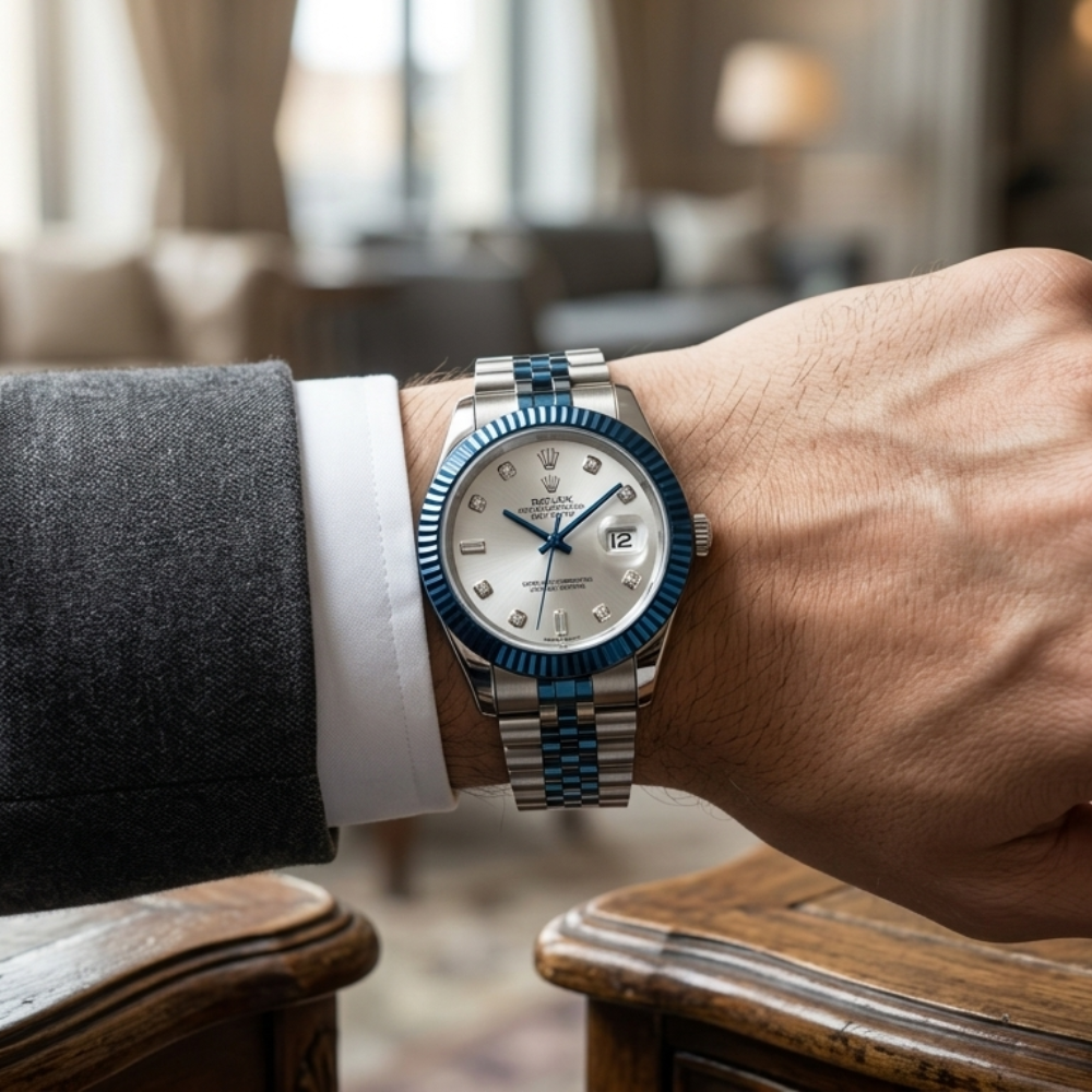 Rolex Day-Date Custom Edition – Silver Dial Blue Bezel